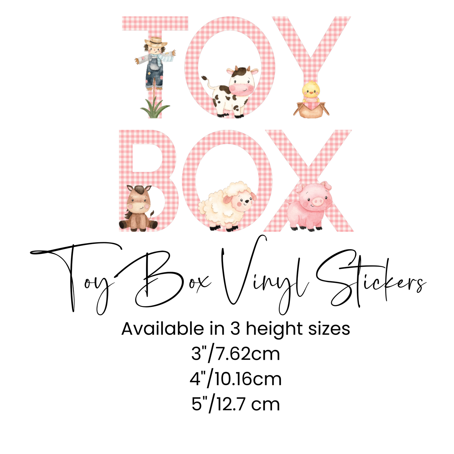 Farm Animal Toy Box Stickers – Gingham Vinyl Letters for Kids Storage & Nursery Decor