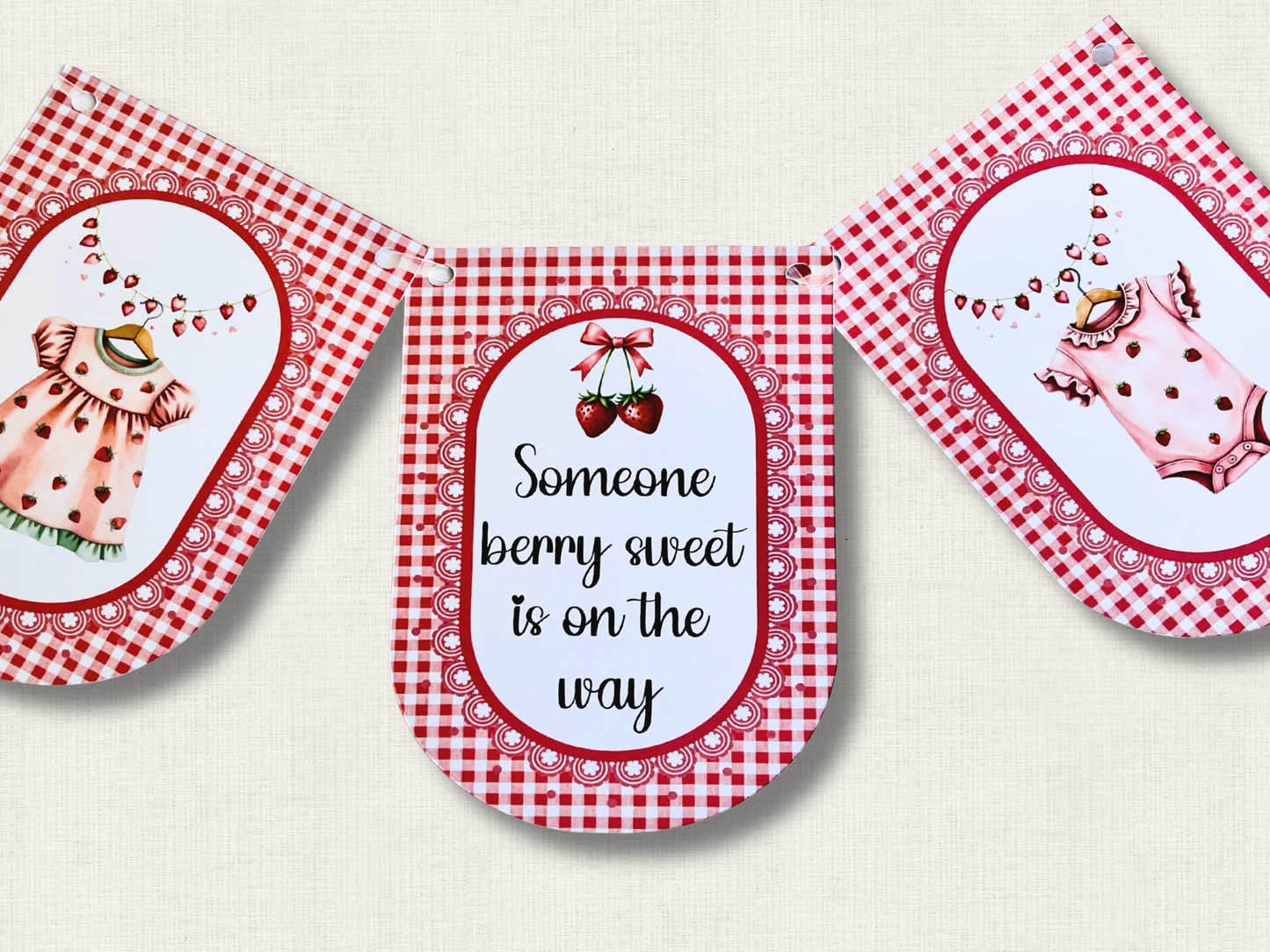 Strawberry Baby Shower Bunting, Pink Gingham Berry Garland, Someone Very Sweet Is On The Way Banner, Baby Girl Shower Decorations