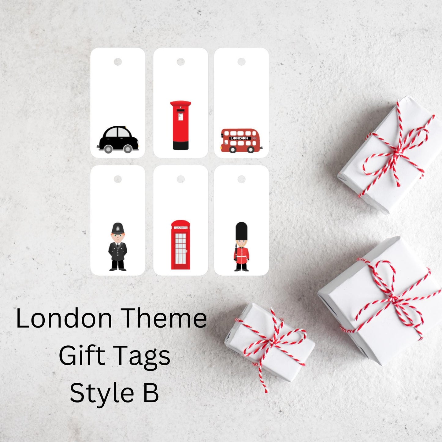 London Gift Tags Set of 7 – Handmade Tags with Soldier, Bus, Taxi, Post Box & Telephone Designs ,