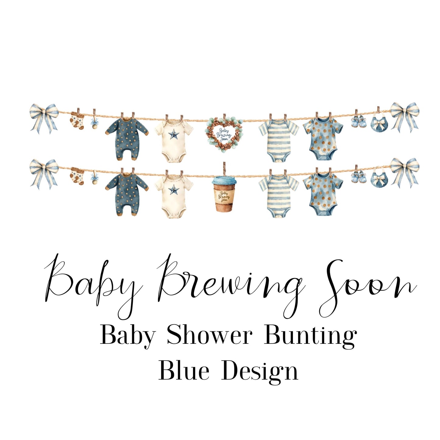 Baby Brewing Soon Clothesline Bunting – Handmade Baby Shower Garland with Mini Pegs, Heart or Coffee Cup Design