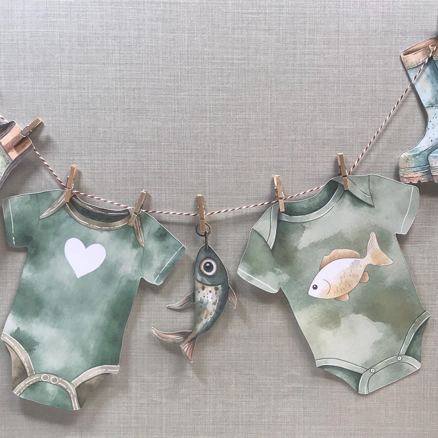 Little Fisherman Baby Shower Bunting Washing Line Style With Mini Wooden Pegs