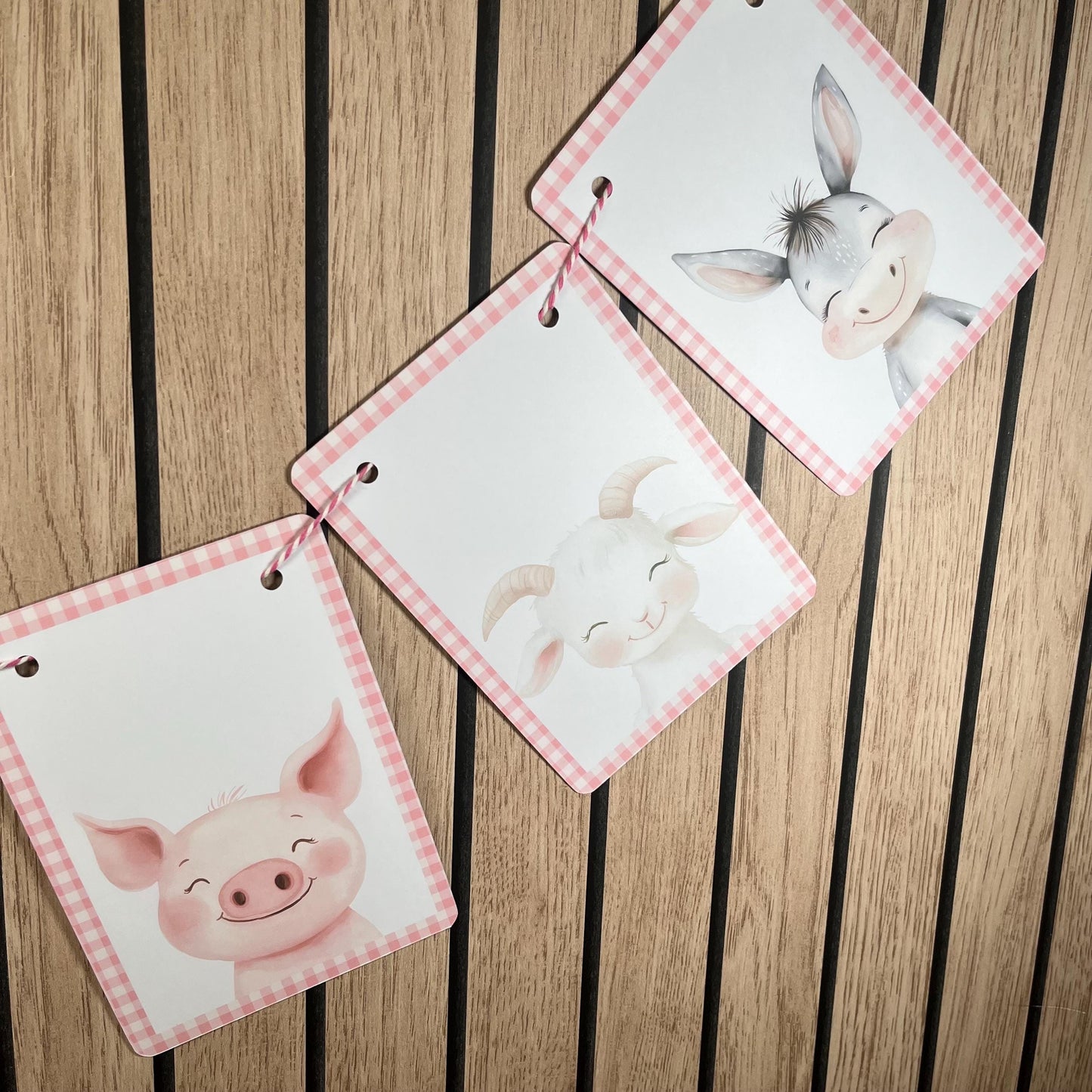 Farmyard Animal Portrait Bunting – Gingham Edge Party Garland – Pig, Cow, Lamb & Donkey