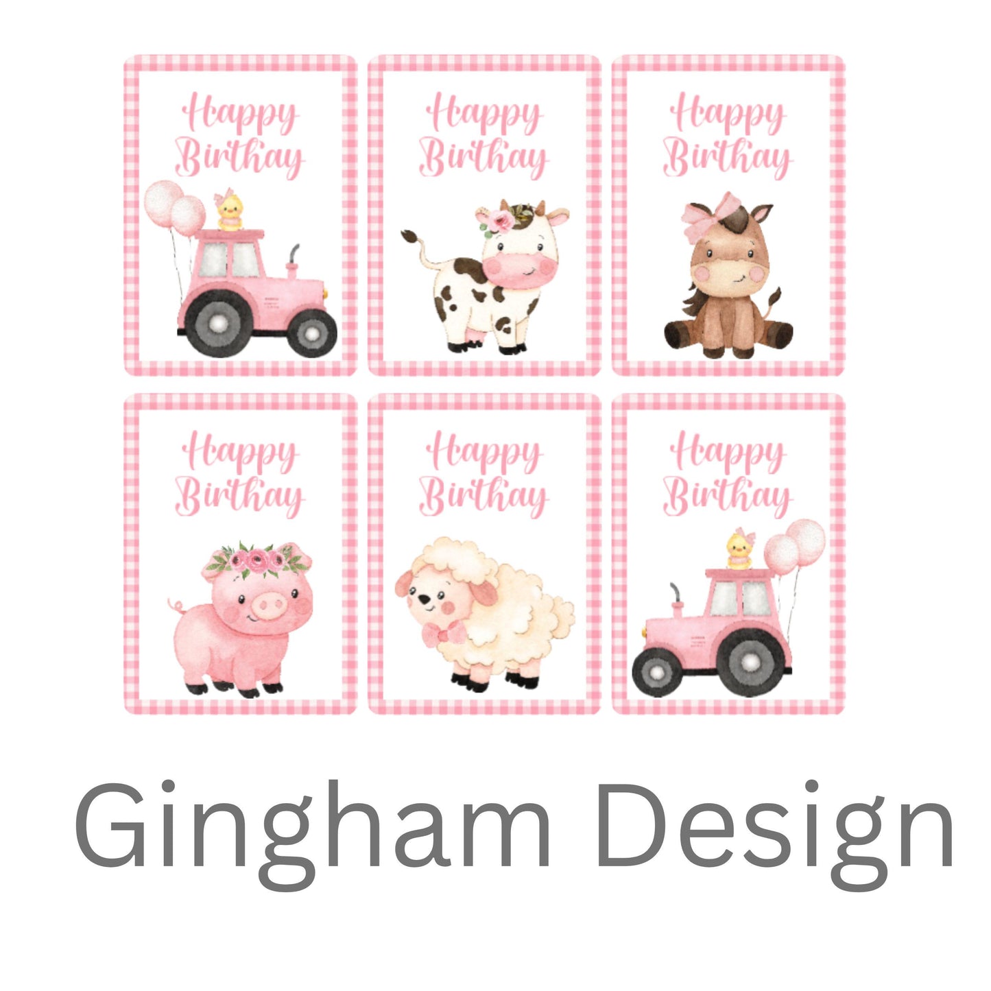 Farmyard Animal Happy Birthday Bunting – Pink Gingham or Floral Theme
