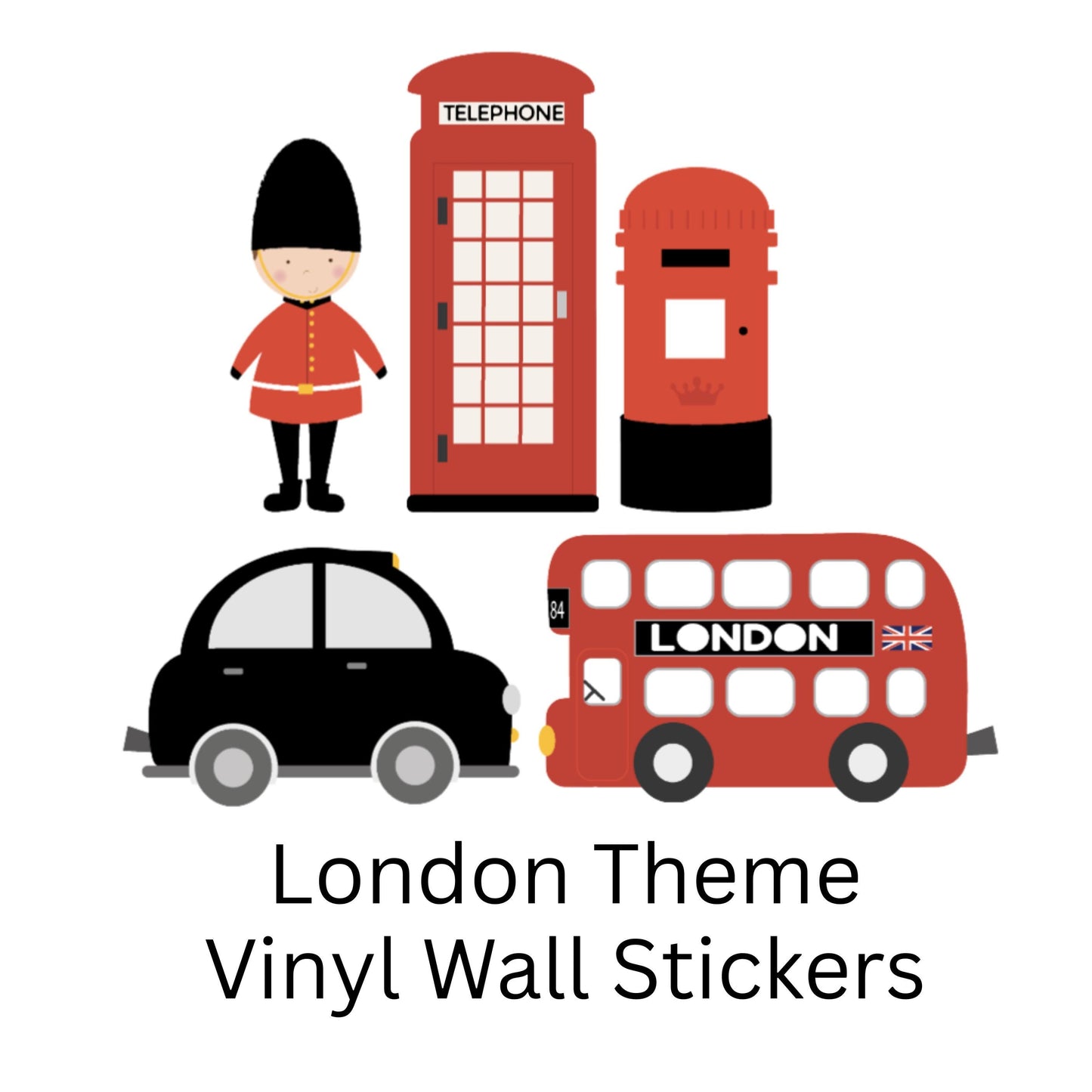 London Themed Vinyl Wall Stickers – Black Taxi, Red Bus & British Icons – Matt or Glossy Finish