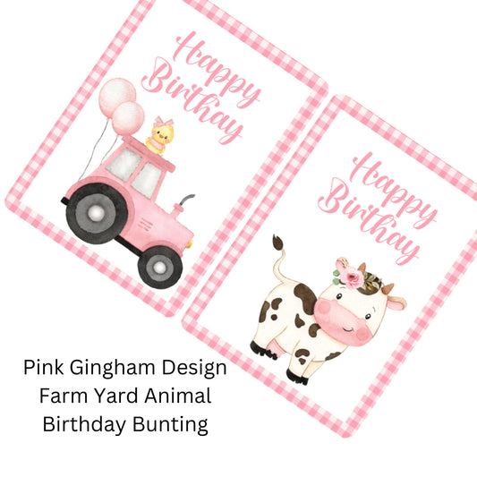 Farmyard Animal Happy Birthday Bunting – Pink Gingham or Floral Theme