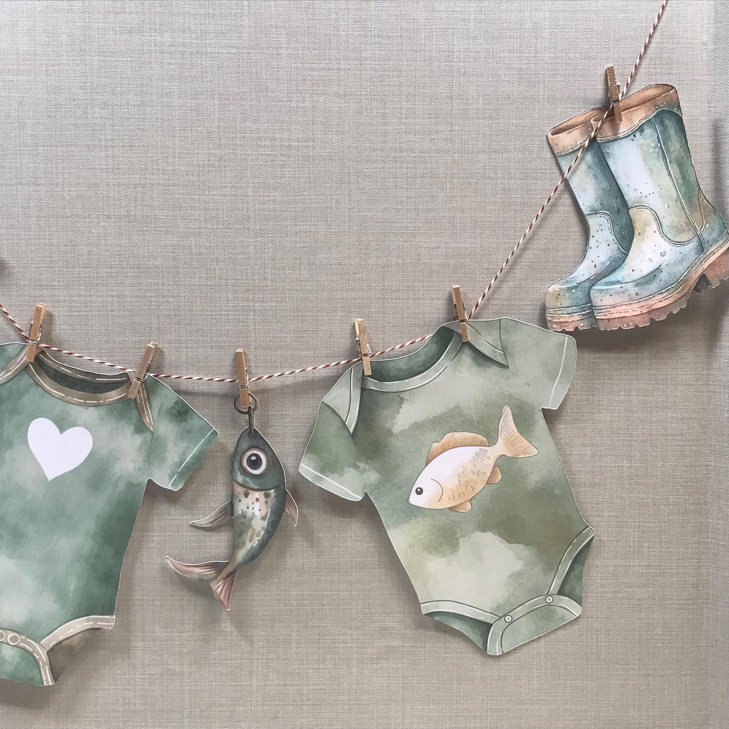 Little Fisherman Baby Shower Bunting Washing Line Style With Mini Wooden Pegs