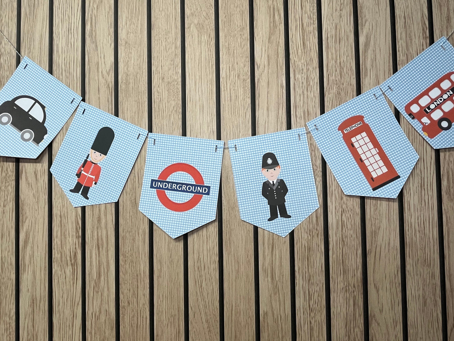 London Themed Bunting – British Nursery & Party Garland – Blue Gingham Design
