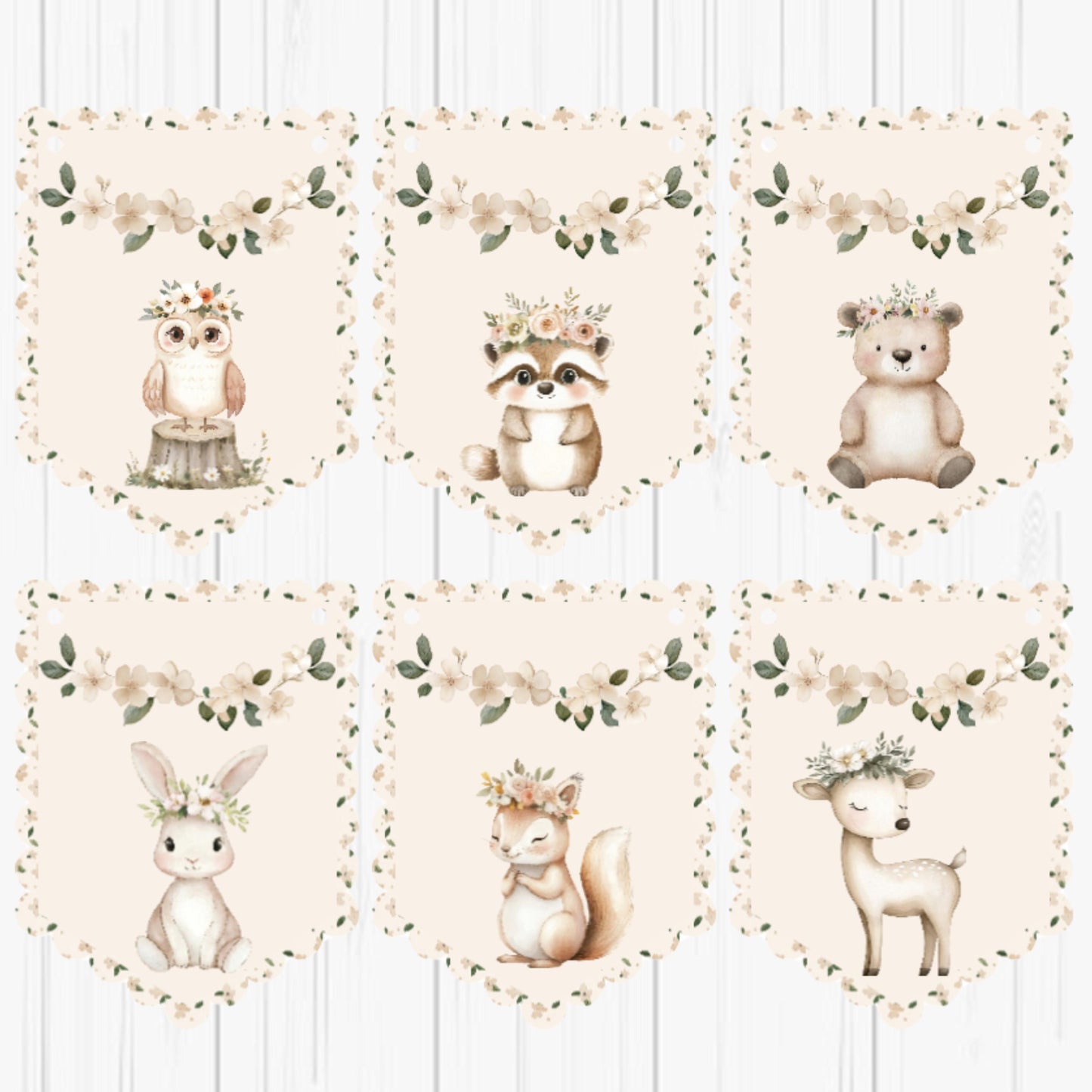 Boho Woodland Animal Bunting – Floral Scalloped Party Garland