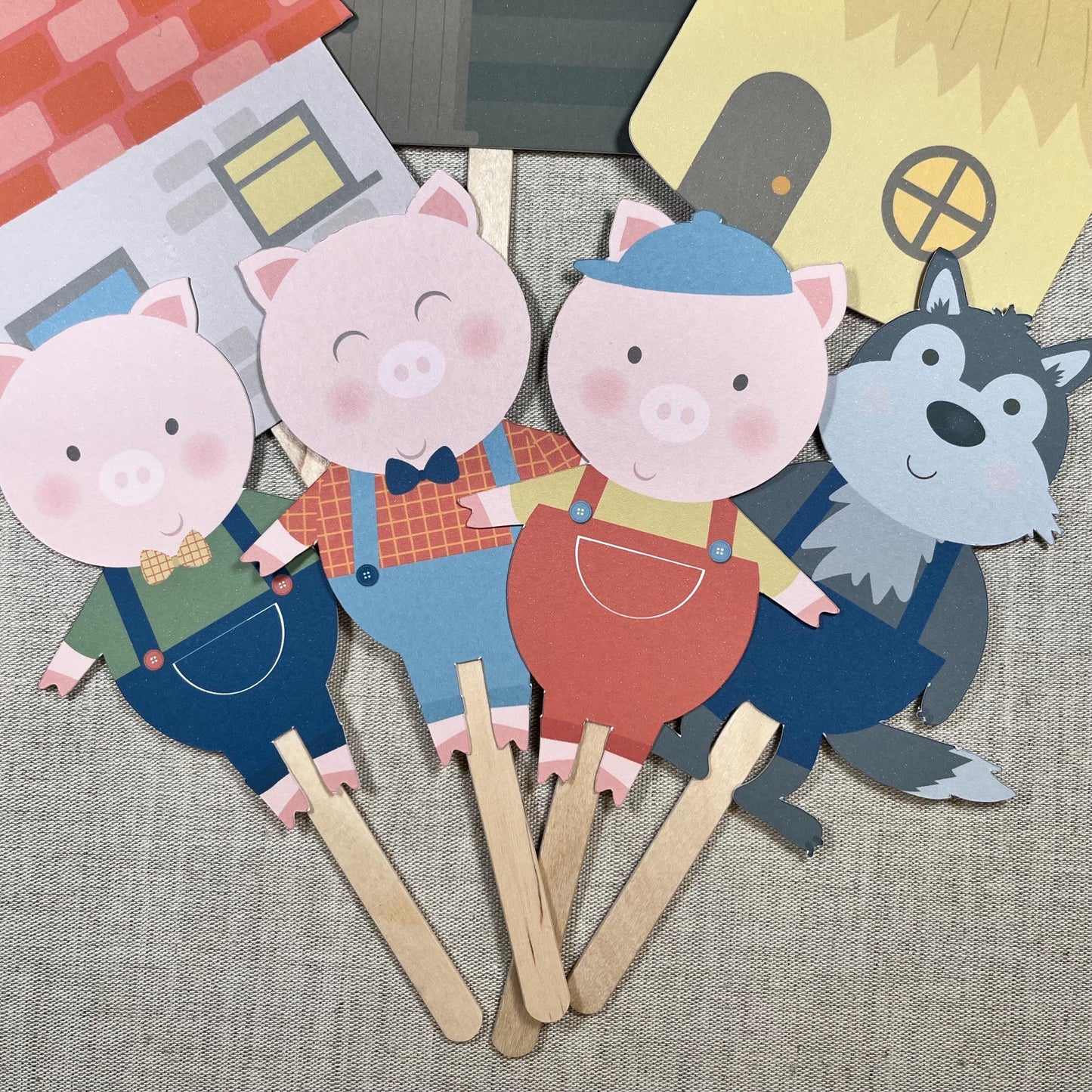 3 Little Pigs Storytelling Stick Set – Characters & Houses on Lolly Sticks