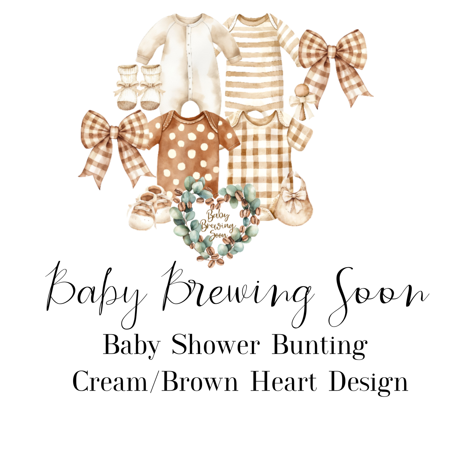 Baby Brewing Soon Clothesline Bunting – Handmade Baby Shower Garland with Mini Pegs, Heart or Coffee Cup Design