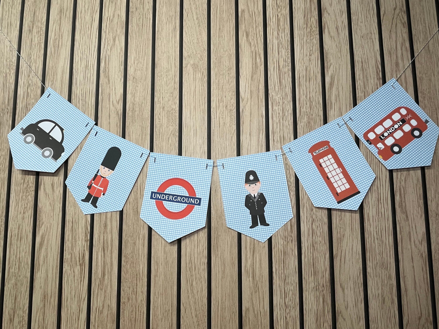 London Themed Bunting – British Nursery & Party Garland – Blue Gingham Design