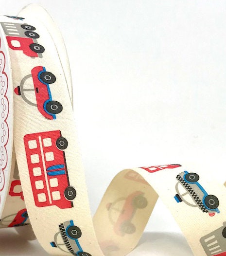 Transport Theme Ribbon, Cars Bus Truck Police Car Cotton Ribbon,  baby ribbon, boys ribbon, cake ribbon, craft ribbon,  25 mm or 15 mm wide