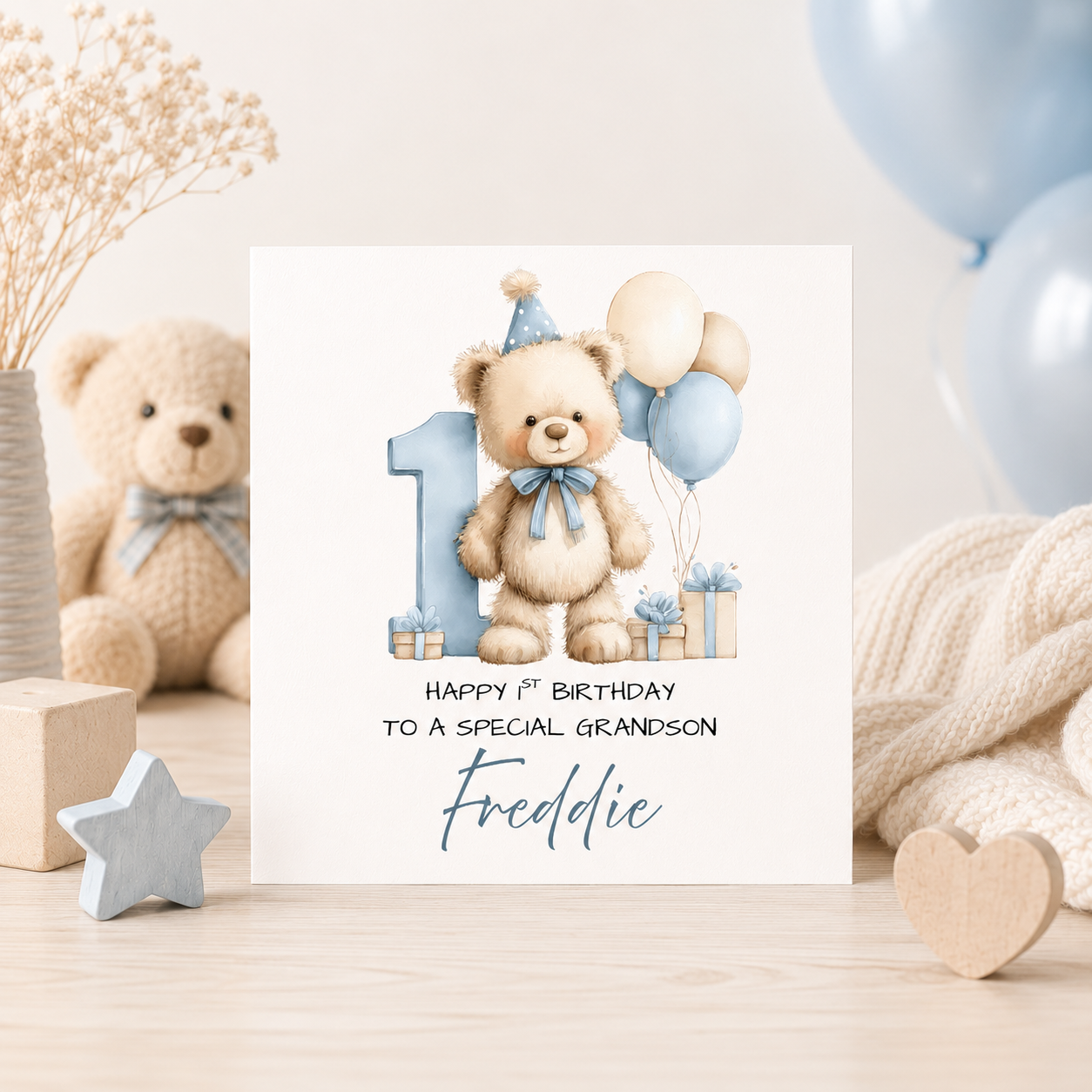 Personalised Teddy Bear 1st Birthday Card | Blue First Birthday Card For Boys