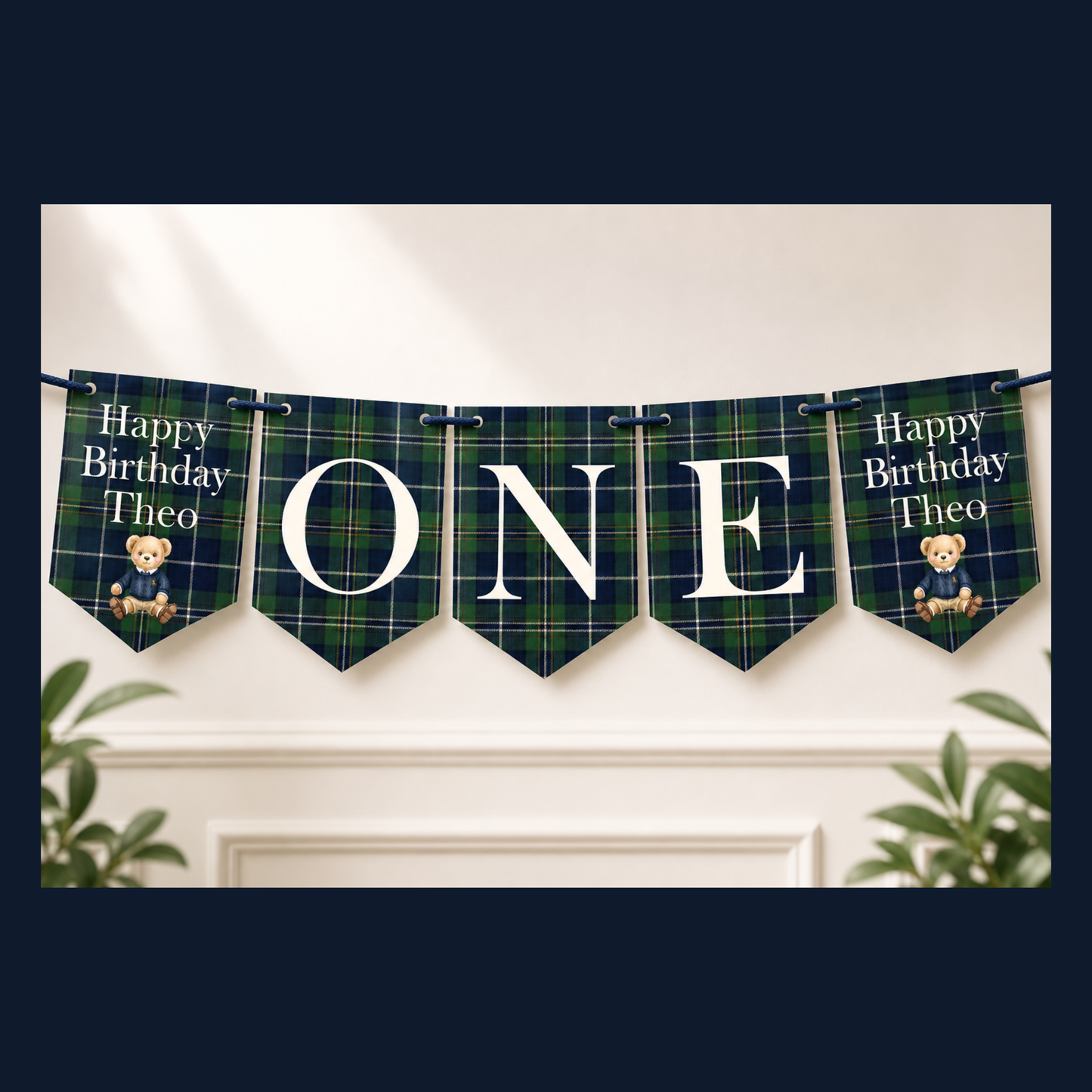 Personalised Posh Teddy Bear Birthday Banner – Vintage Tartan Plaid Bunting (Ages 1–3)
