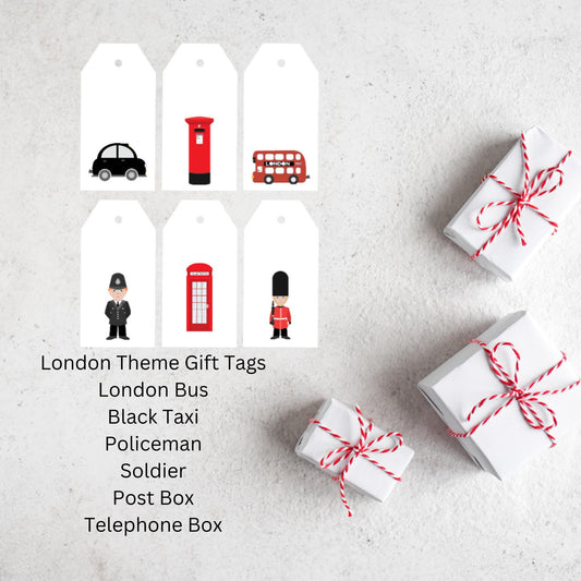 London Gift Tags Set of 7 – Handmade Tags with Soldier, Bus, Taxi, Post Box & Telephone Designs ,