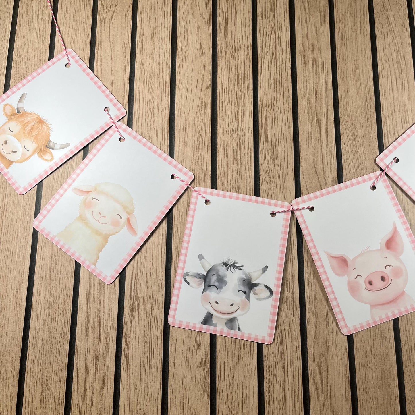 Farmyard Animal Portrait Bunting – Gingham Edge Party Garland – Pig, Cow, Lamb & Donkey