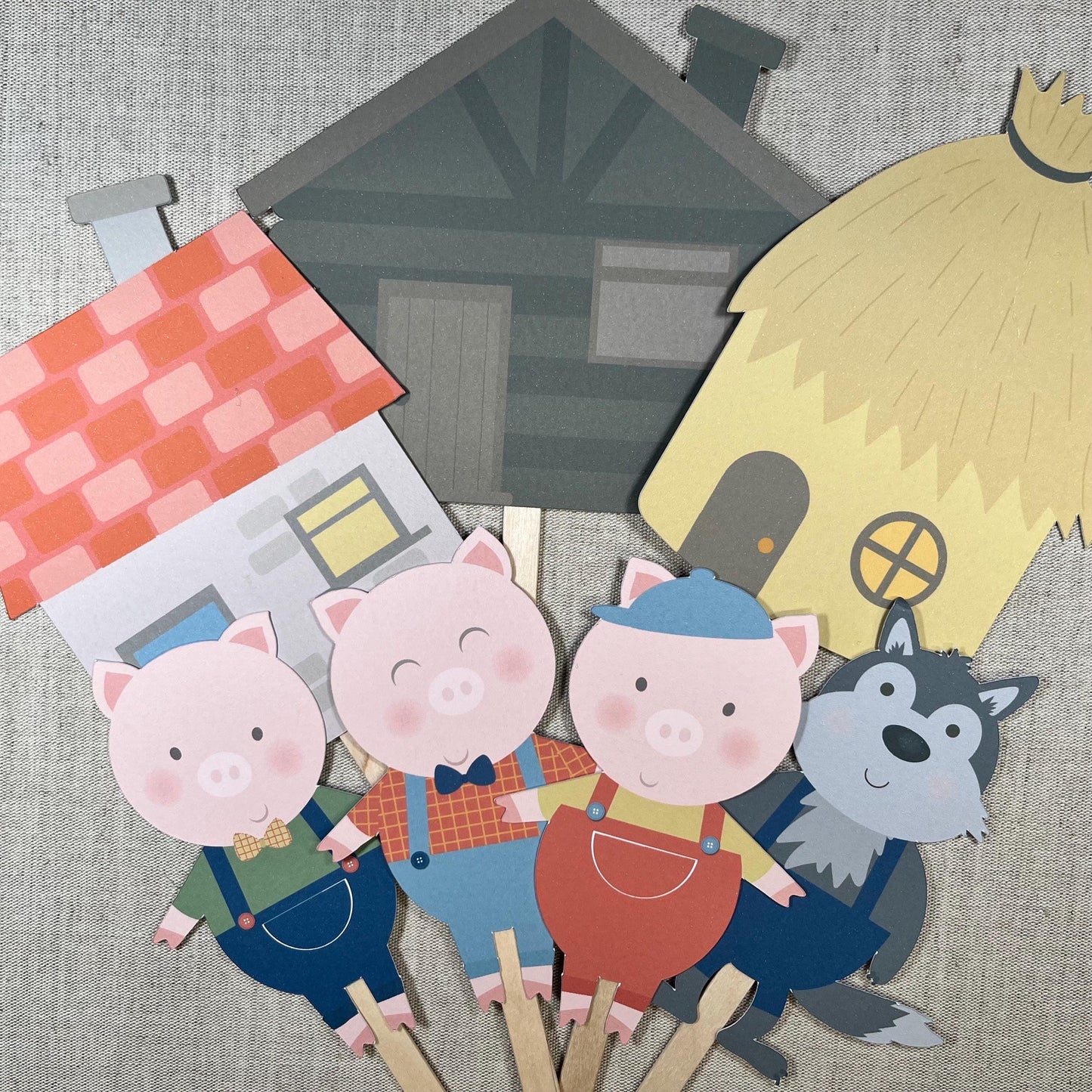 3 Little Pigs Storytelling Stick Set – Characters & Houses on Lolly Sticks