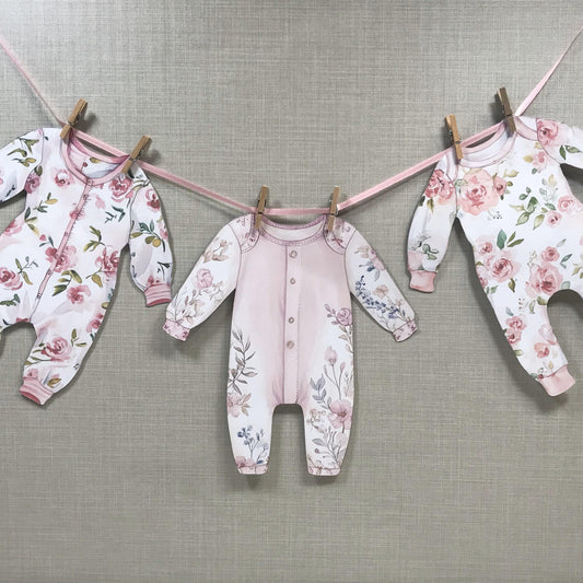 Pink Toile Baby Shower Bunting – Washing Line Style Baby Clothes Garland