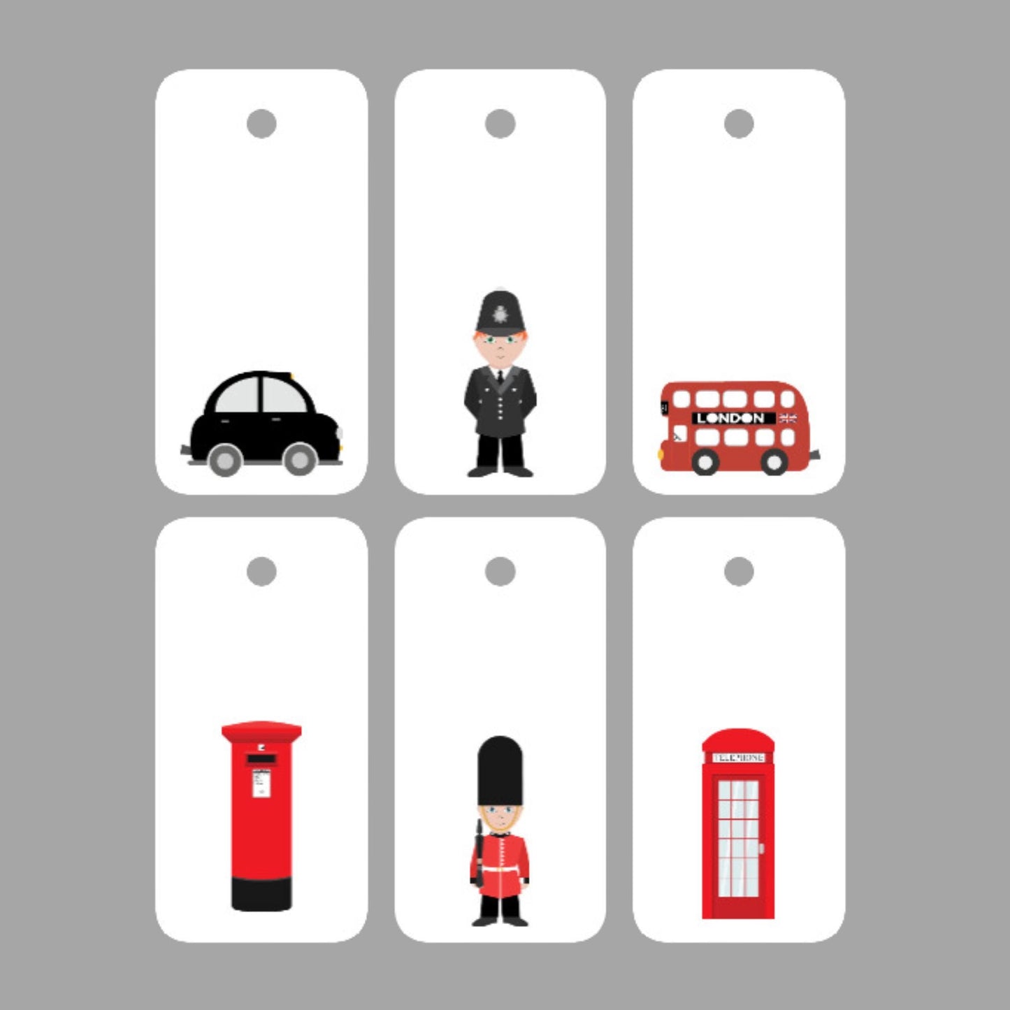 London Gift Tags Set of 7 – Handmade Tags with Soldier, Bus, Taxi, Post Box & Telephone Designs ,