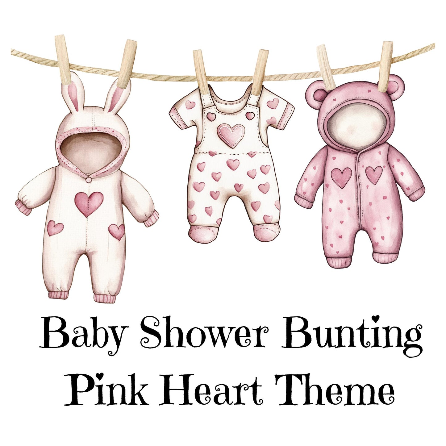 Pink Heart Baby Shower Bunting – Baby Clothes Garland with Wooden Pegs