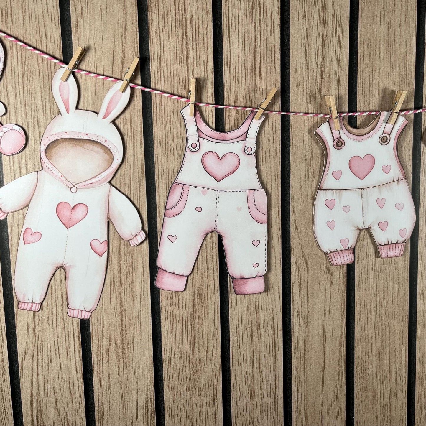 Pink Heart Baby Shower Bunting – Baby Clothes Garland with Wooden Pegs