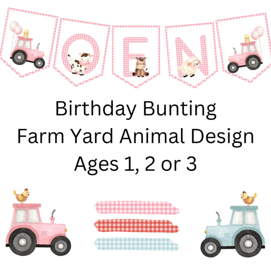 Farm Yard Animal Birthday Bunting – Blue, Pink, or Red Gingham | Ages 1–3