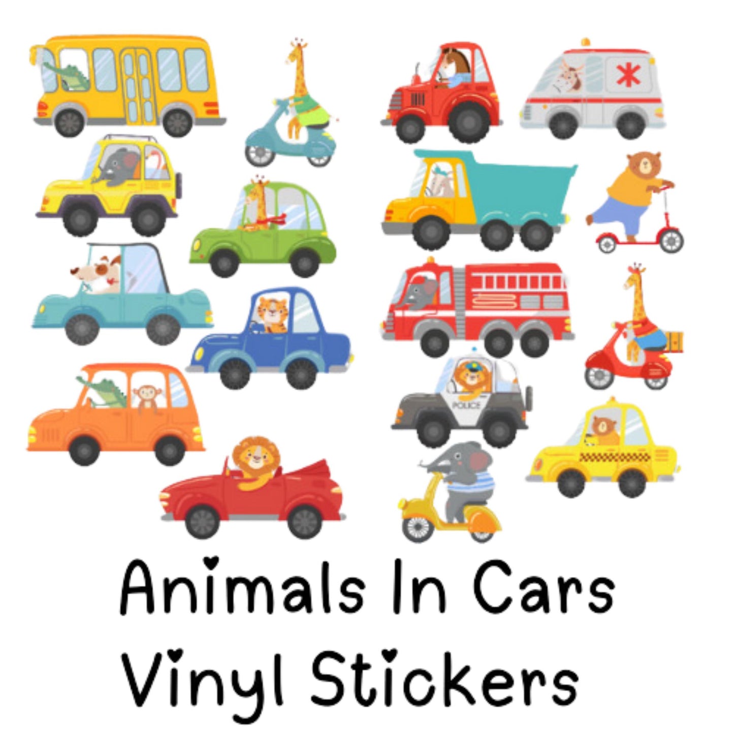 Animals in Cars Vinyl Wall Stickers – Cute Safari Vehicle Decals – Matt or Glossy Finish