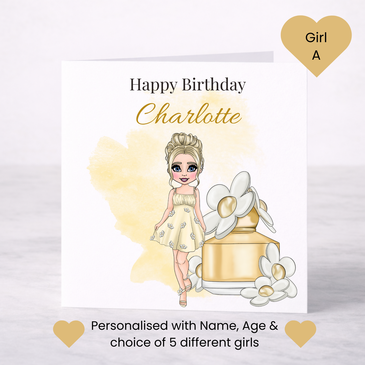 Personalised Floral Perfume Birthday Card – Daisy Theme, Choice of Girl