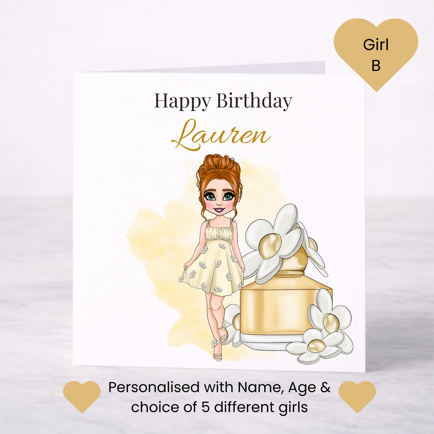 Personalised Floral Perfume Birthday Card – Daisy Theme, Choice of Girl