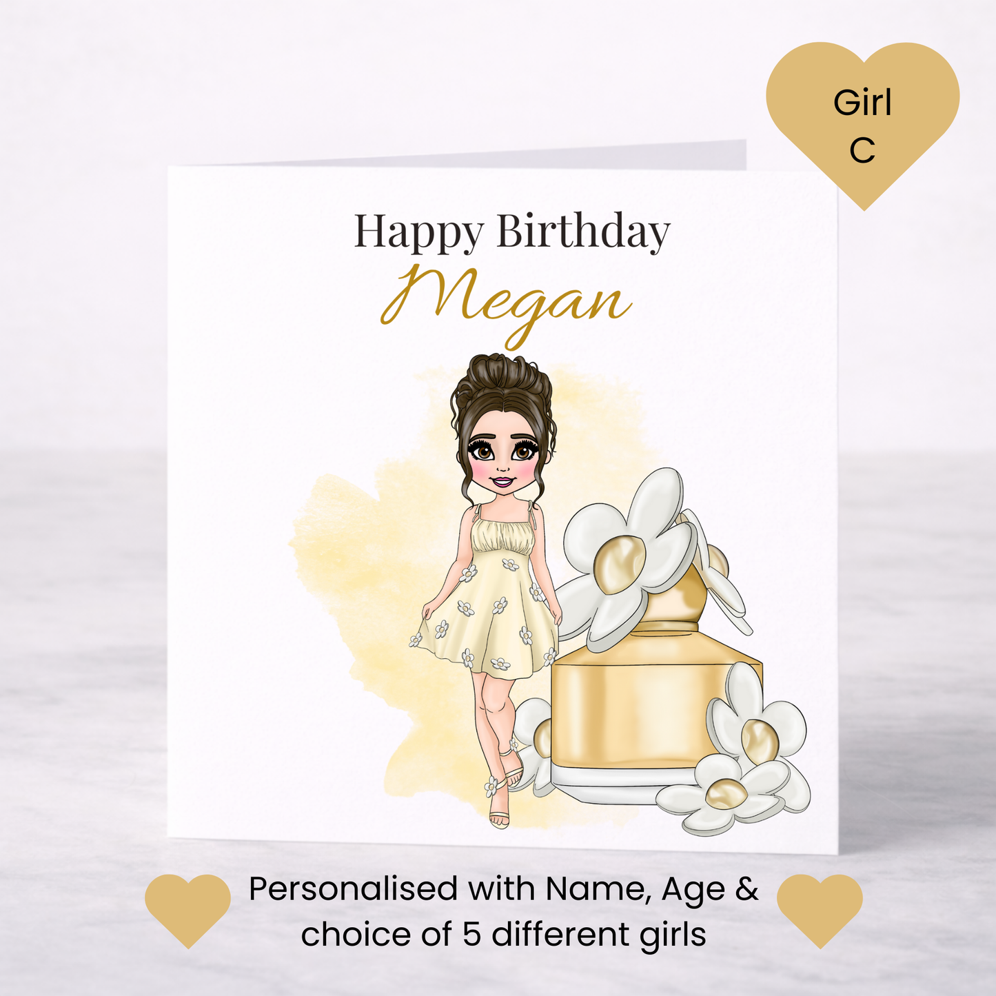 Personalised Floral Perfume Birthday Card – Daisy Theme, Choice of Girl