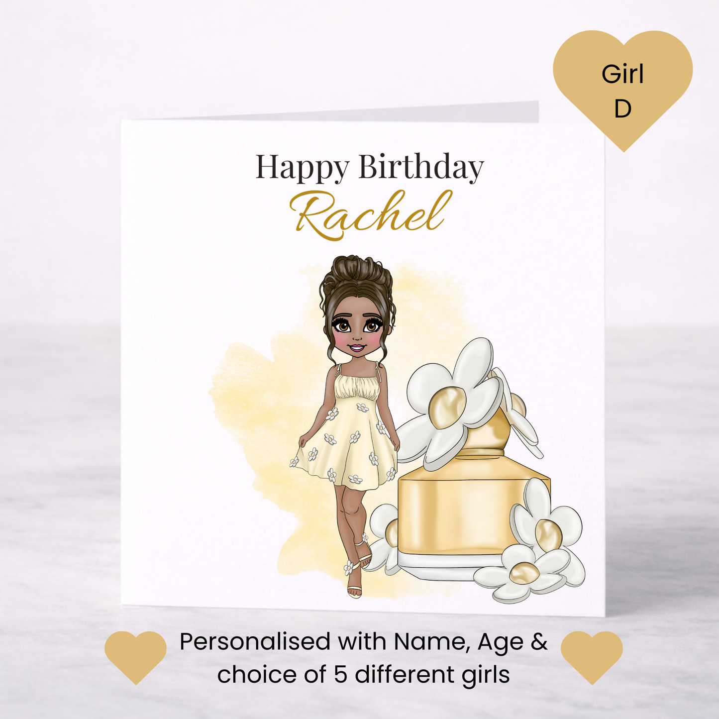 Personalised Floral Perfume Birthday Card – Daisy Theme, Choice of Girl