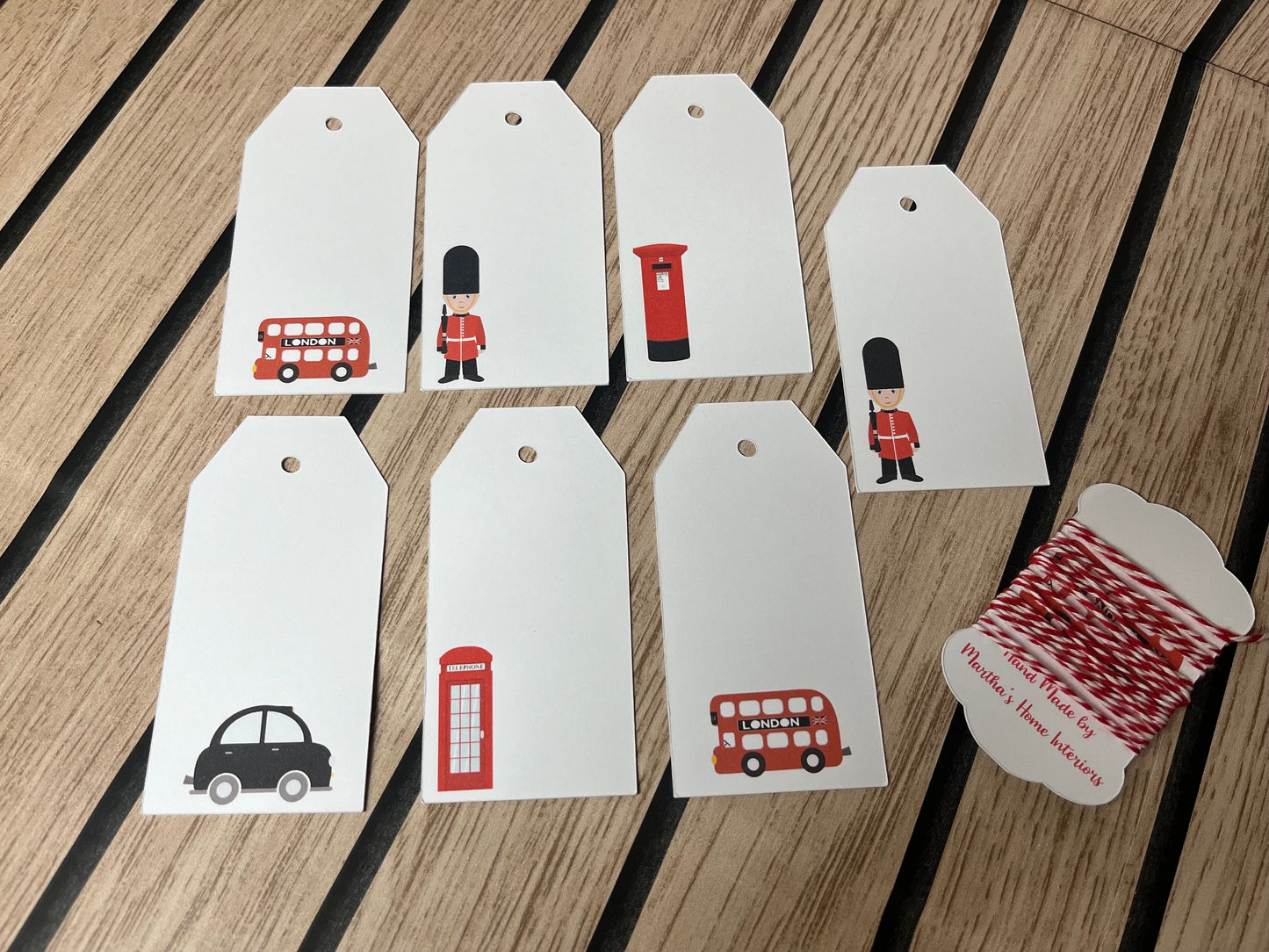London Gift Tags Set of 7 – Handmade Tags with Soldier, Bus, Taxi, Post Box & Telephone Designs ,