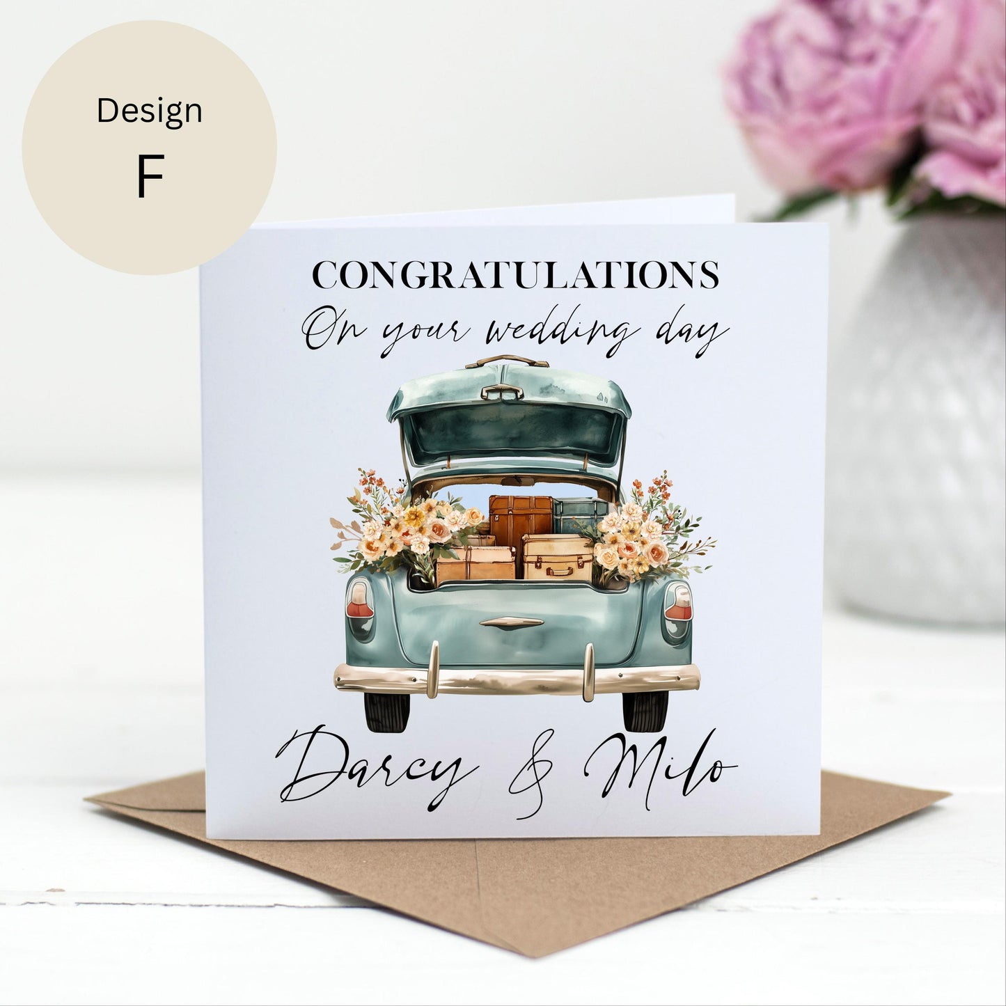 Personalised Vintage Car Wedding Card – Custom Names – 6 Designs Available