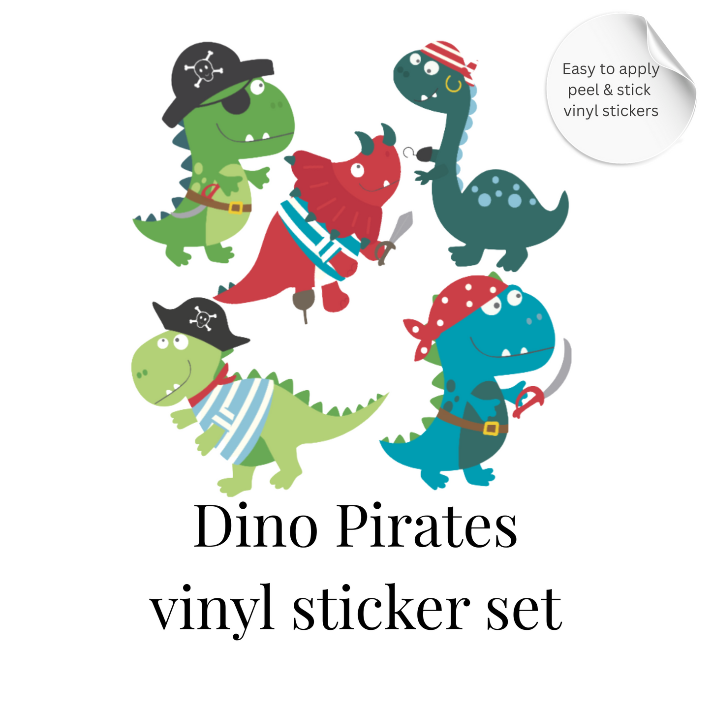 Dinosaur Pirate Wall Stickers – Cute Dino Pirate Vinyl Decals, Kids Room Decor, Nursery Wall Stickers, Playroom Decor Set