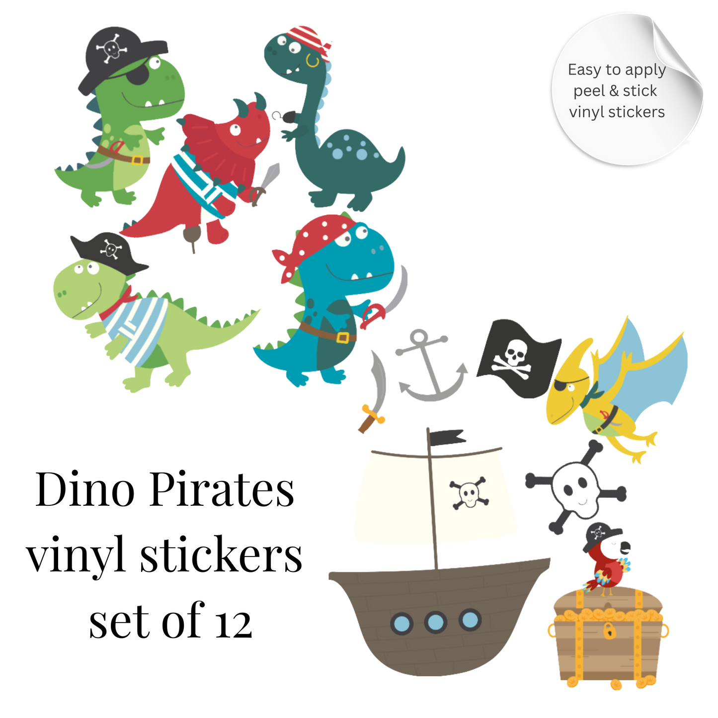 Dinosaur Pirate Wall Stickers – Cute Dino Pirate Vinyl Decals, Kids Room Decor, Nursery Wall Stickers, Playroom Decor Set