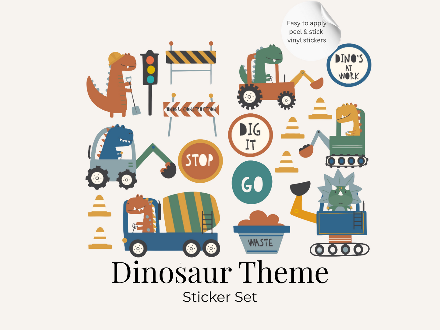 Dinosaur Construction Wall Stickers – Dino Digger Vinyl Decals, Kids Room Decor, Nursery Wall Stickers, Playroom Decor Set