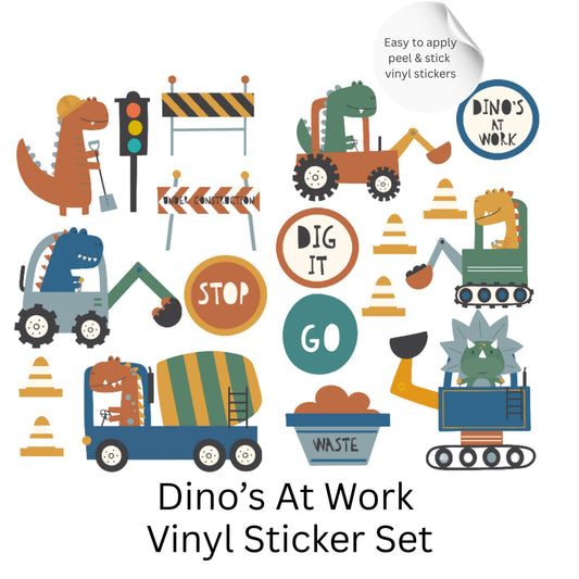 Dinosaur Construction Wall Stickers – Dino Digger Vinyl Decals, Kids Room Decor, Nursery Wall Stickers, Playroom Decor Set