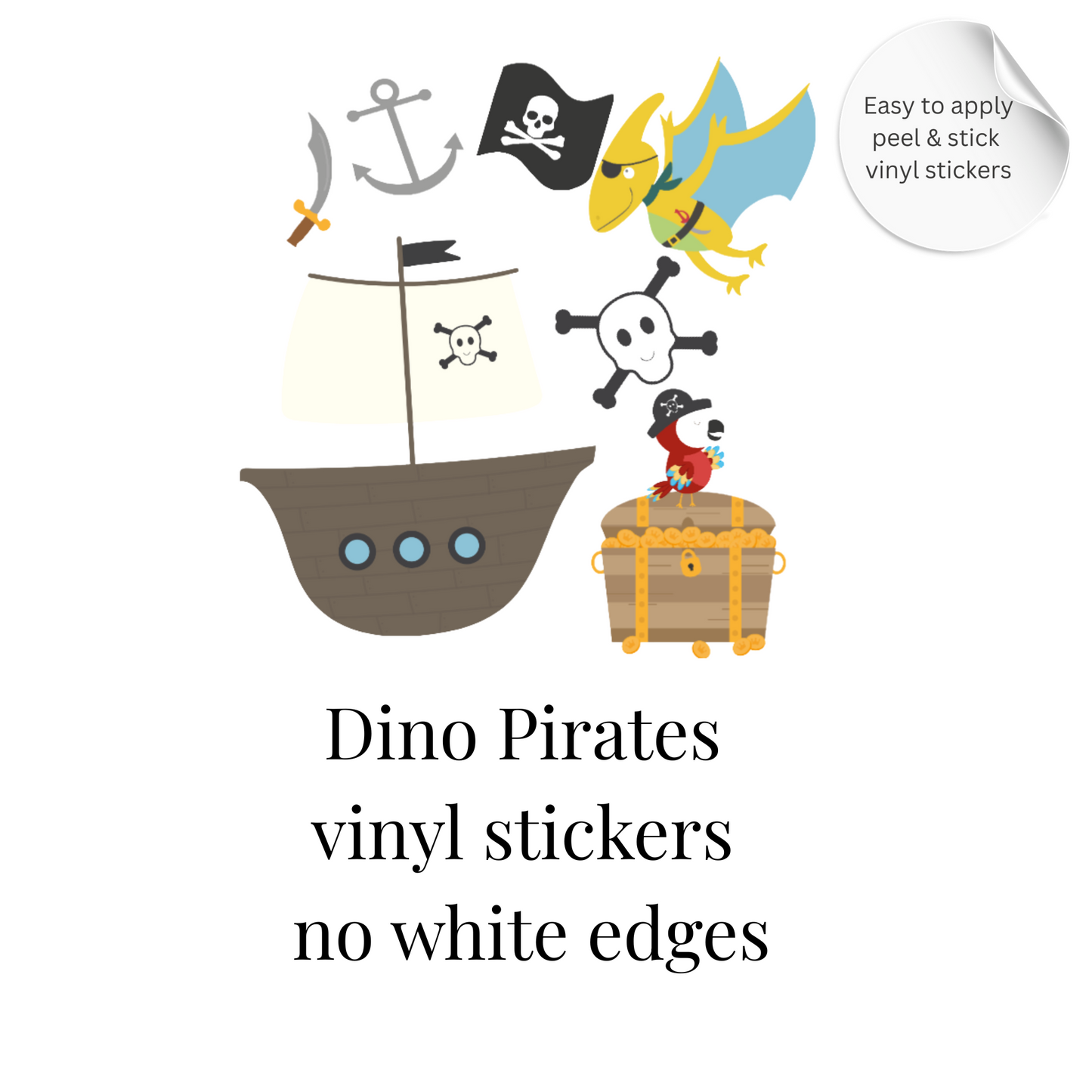 Dinosaur Pirate Wall Stickers – Cute Dino Pirate Vinyl Decals, Kids Room Decor, Nursery Wall Stickers, Playroom Decor Set