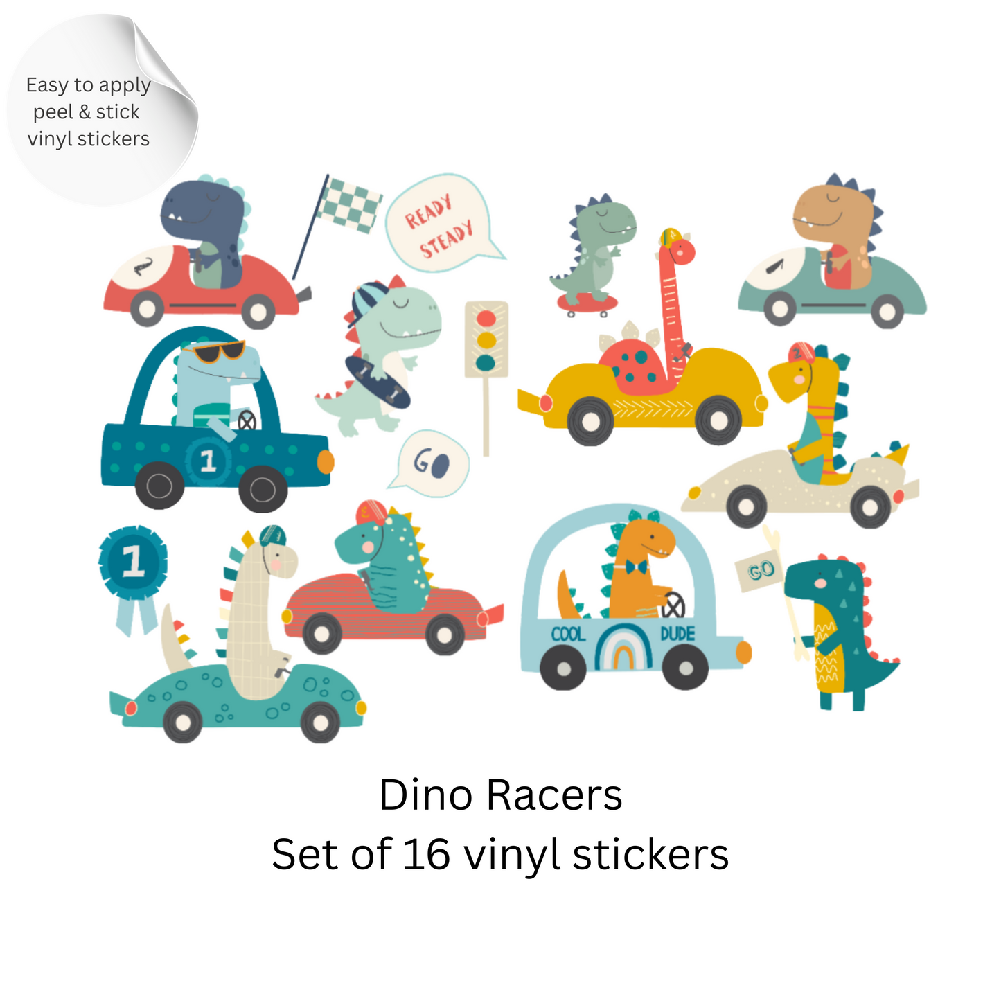 Racing Dinosaur Wall Stickers – Dino Cars Vinyl Decals, Nursery Wall Decor, Kids Room Stickers, Playroom Decor Set