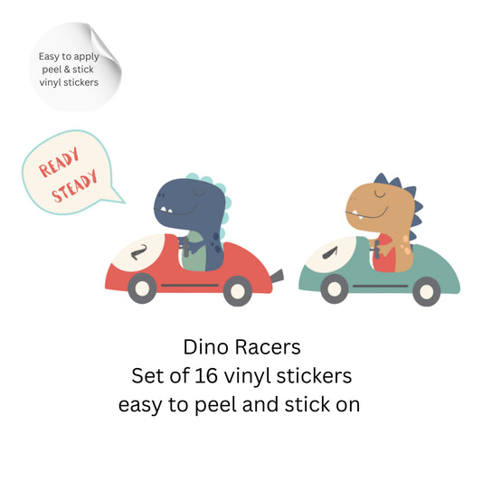 Racing Dinosaur Wall Stickers – Dino Cars Vinyl Decals, Nursery Wall Decor, Kids Room Stickers, Playroom Decor Set