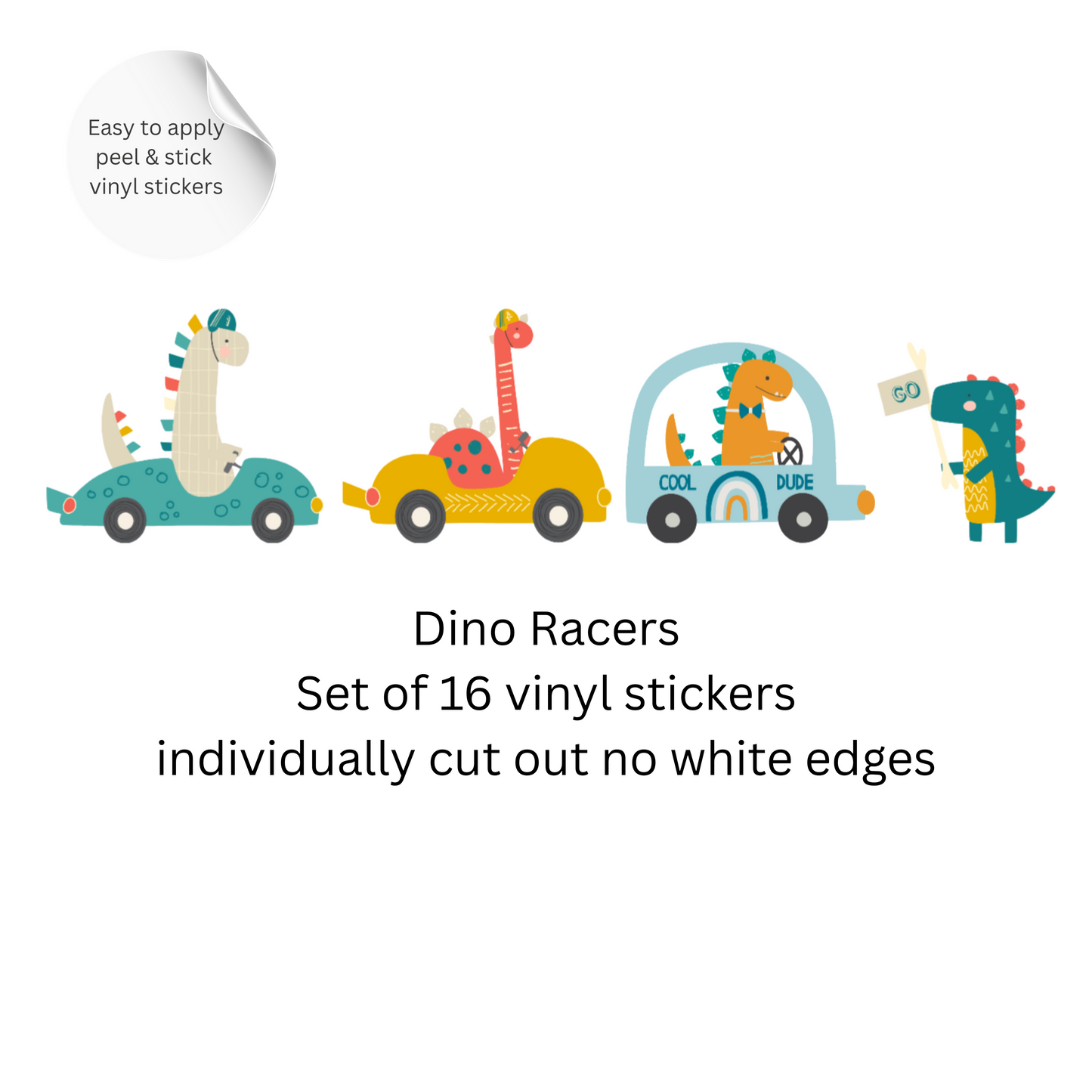 Racing Dinosaur Wall Stickers – Dino Cars Vinyl Decals, Nursery Wall Decor, Kids Room Stickers, Playroom Decor Set