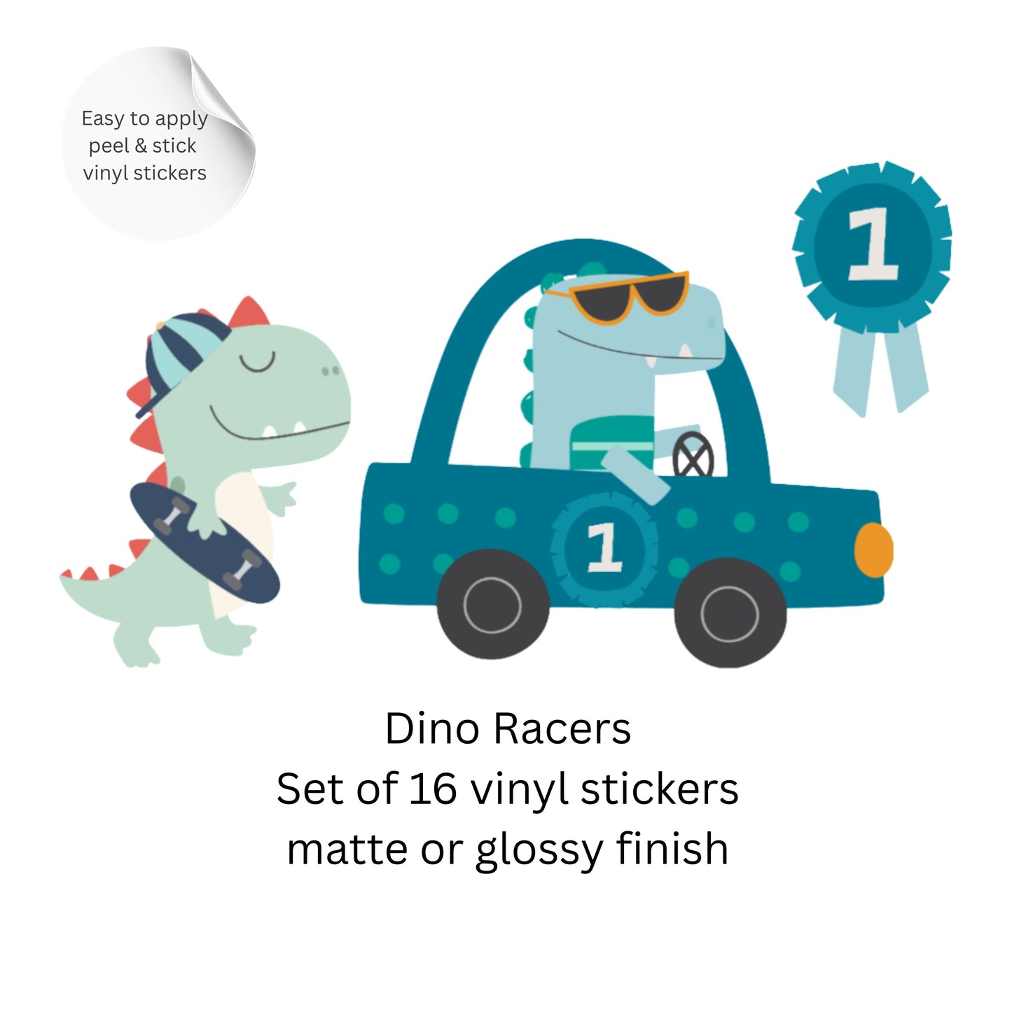 Racing Dinosaur Wall Stickers – Dino Cars Vinyl Decals, Nursery Wall Decor, Kids Room Stickers, Playroom Decor Set