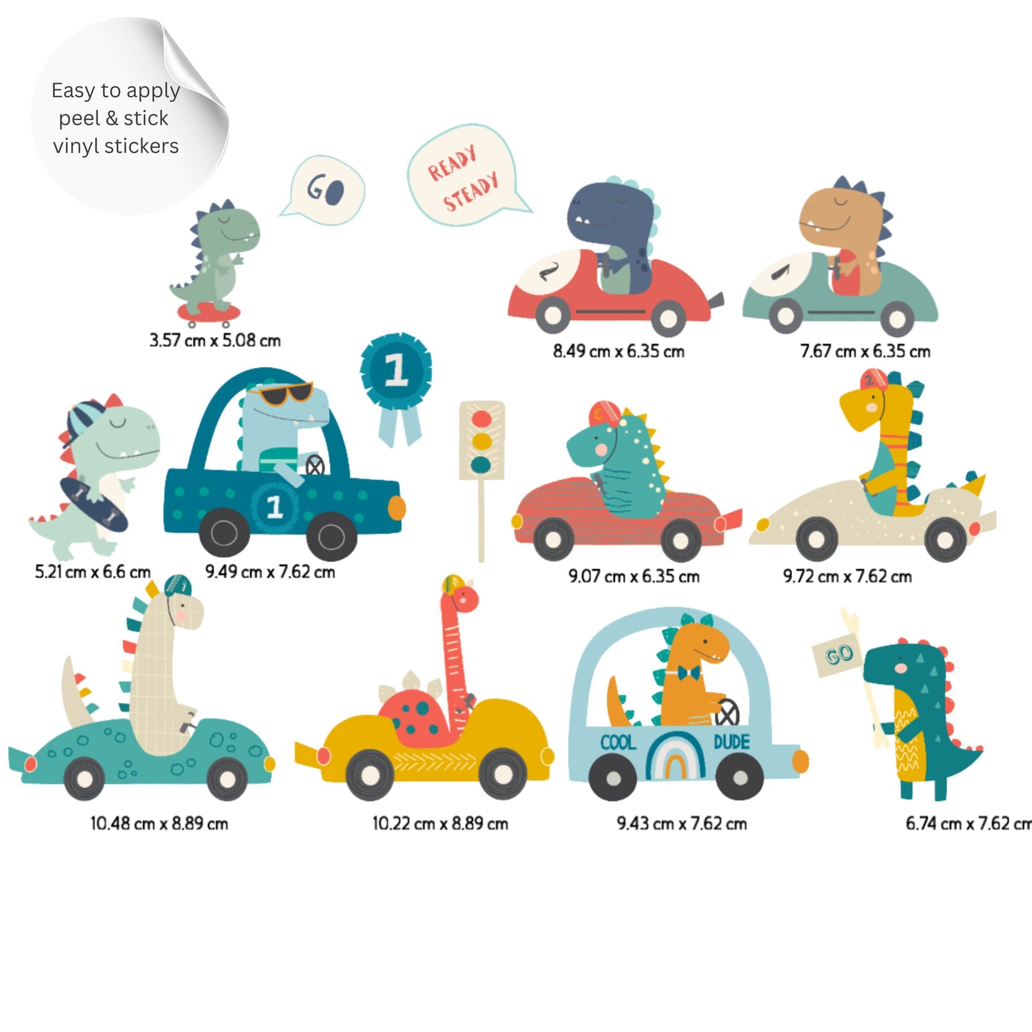 Racing Dinosaur Wall Stickers – Dino Cars Vinyl Decals, Nursery Wall Decor, Kids Room Stickers, Playroom Decor Set