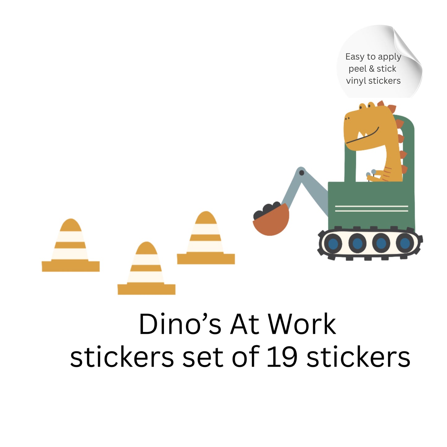 Dinosaur Construction Wall Stickers – Dino Digger Vinyl Decals, Kids Room Decor, Nursery Wall Stickers, Playroom Decor Set