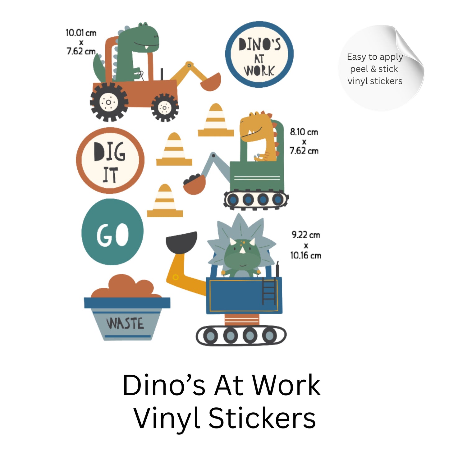 Dinosaur Construction Wall Stickers – Dino Digger Vinyl Decals, Kids Room Decor, Nursery Wall Stickers, Playroom Decor Set