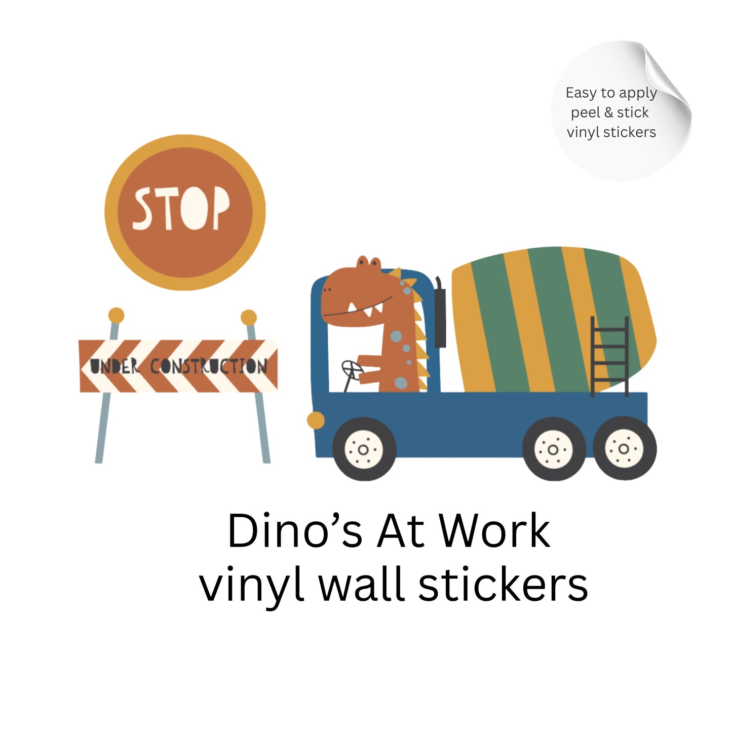 Dinosaur Construction Wall Stickers – Dino Digger Vinyl Decals, Kids Room Decor, Nursery Wall Stickers, Playroom Decor Set