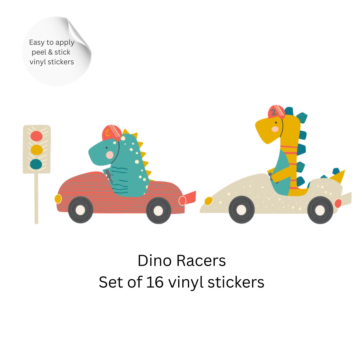 Racing Dinosaur Wall Stickers – Dino Cars Vinyl Decals, Nursery Wall Decor, Kids Room Stickers, Playroom Decor Set