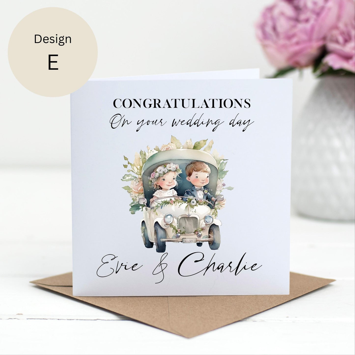 Personalised Vintage Car Wedding Card – Custom Names – 6 Designs Available
