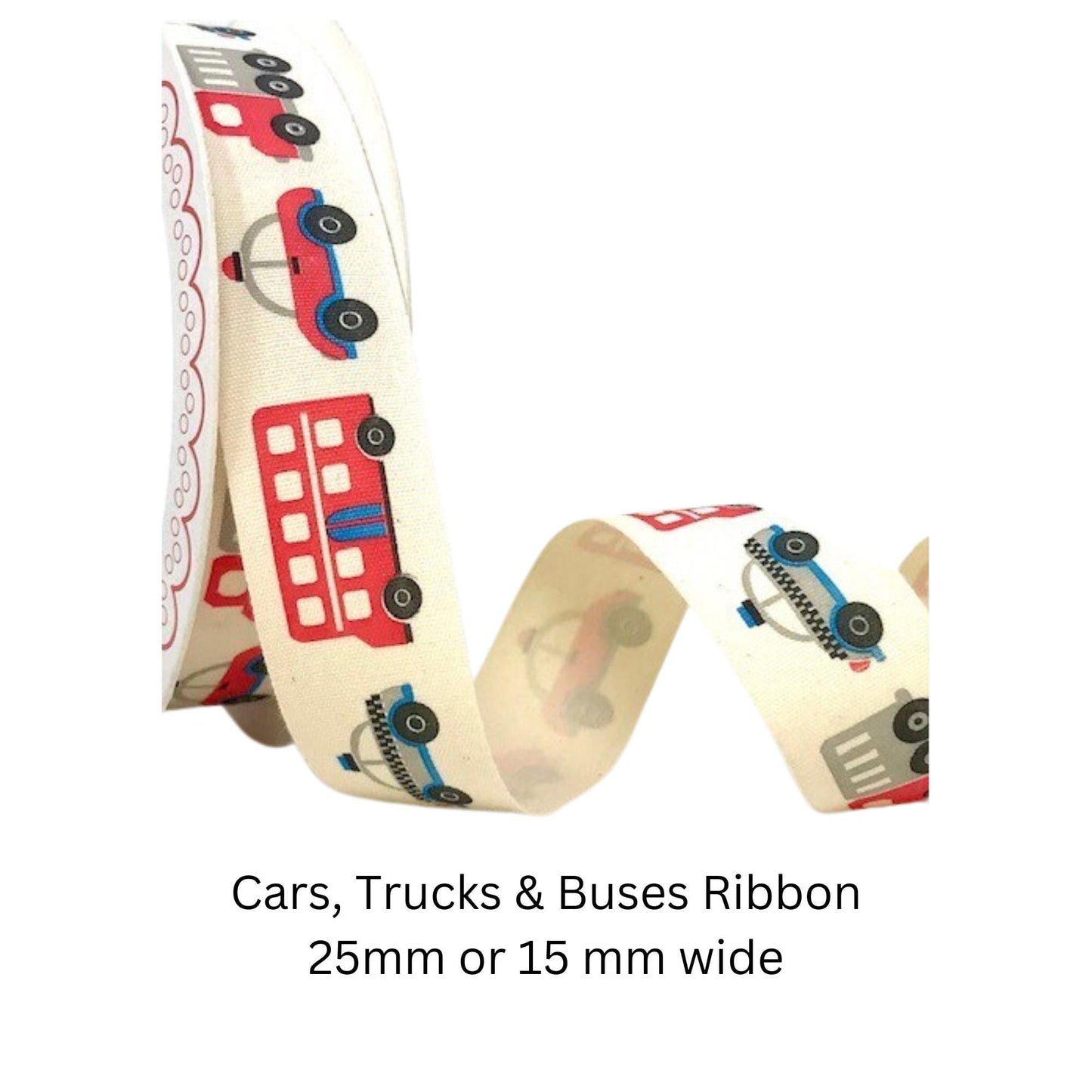Transport Theme Ribbon, Cars Bus Truck Police Car Cotton Ribbon,  baby ribbon, boys ribbon, cake ribbon, craft ribbon,  25 mm or 15 mm wide