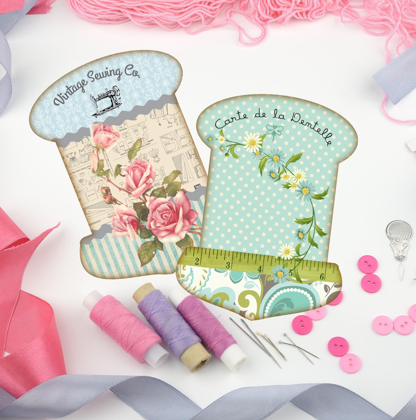Ribbon and Thread Organizer Spool Cards – Vintage and Floral Styles